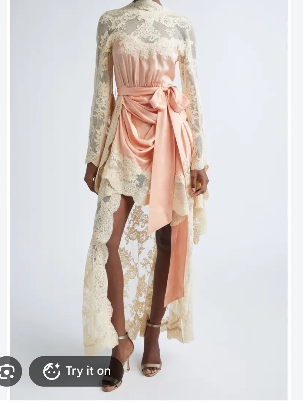 Designer Inspired Lace & Silk Satin High-Low Dress in Blush and Cream